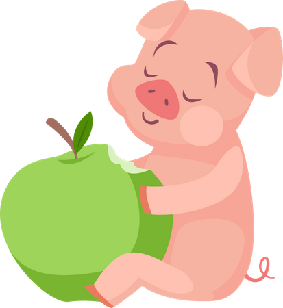 Cerdo comiendo manzana  Ilustración
