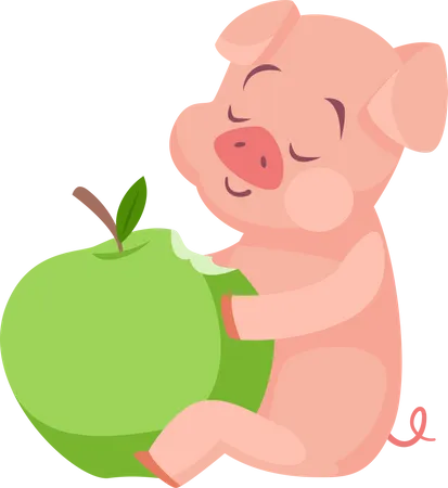 Cerdo comiendo manzana  Ilustración