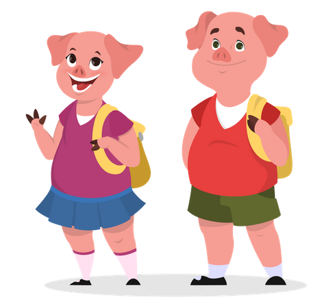 Cerdo con mochilas escolares  Ilustración