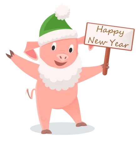 Cerdo con sombrero verde y barba de Papá Noel y sosteniendo un tablero de Feliz Año Nuevo  Ilustración