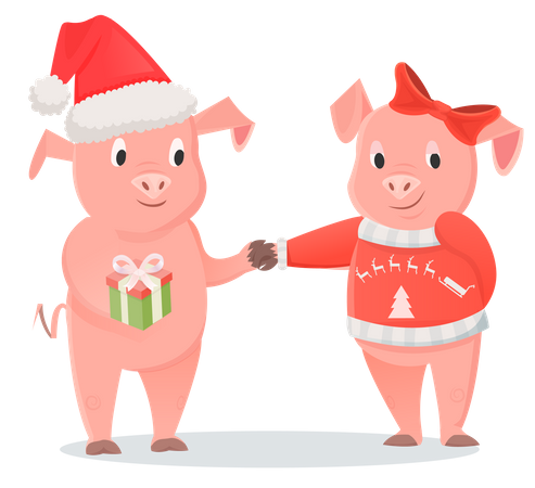 Novia y novio de cerdo con gorro de Papá Noel y lazo intercambian regalos  Ilustración