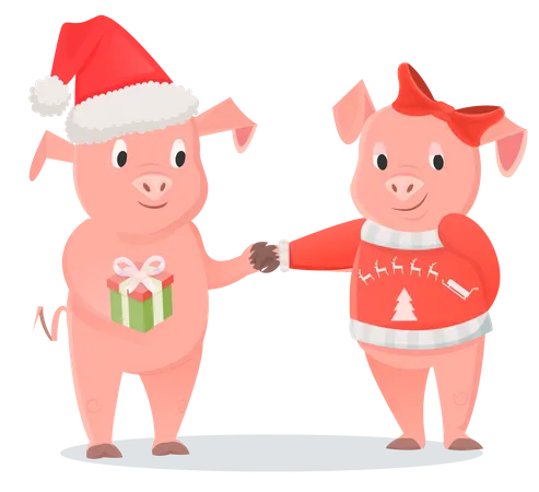 Novia y novio de cerdo con gorro de Papá Noel y lazo intercambian regalos  Ilustración
