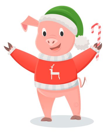 Cerdo sonriente en jersey rojo sosteniendo un palo de caramelo  Ilustración