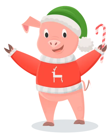 Cerdo sonriente en jersey rojo sosteniendo un palo de caramelo  Ilustración