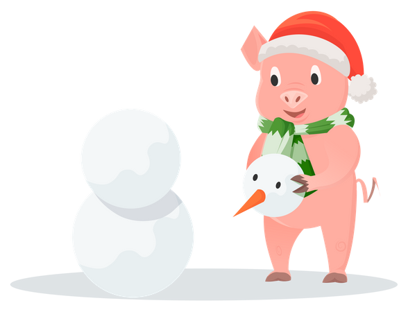 Cerdo sonriente haciendo un muñeco de nieve  Ilustración