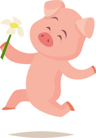 Cerdo sosteniendo flor  Ilustración