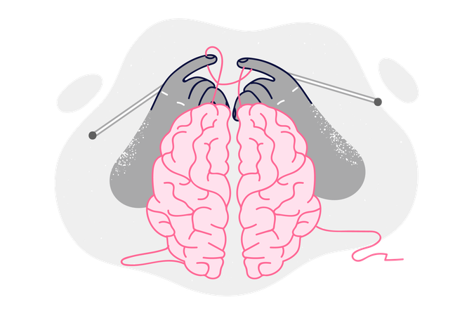 Cérebro humano com agulhas de tricô nas mãos  Ilustração