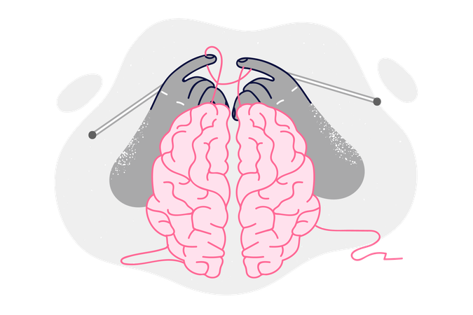 Cerebro humano con agujas de tejer en las manos  Ilustración