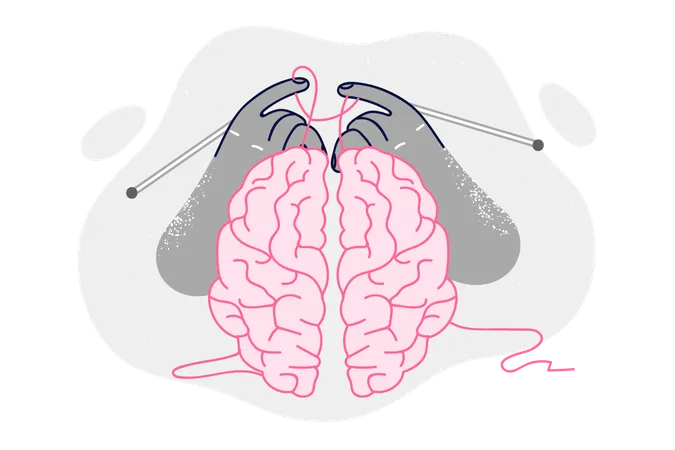 Cerebro humano con agujas de tejer en las manos  Ilustración