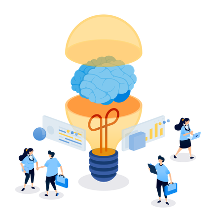 Cerebro y bombilla que representan IA para análisis financiero e informes contables automatizados.  Ilustración