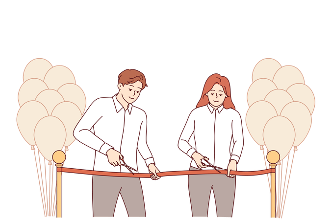 Ceremonia de apertura de un nuevo negocio por parte de un hombre y una mujer cortando la cinta roja en un evento de gala.  Ilustración