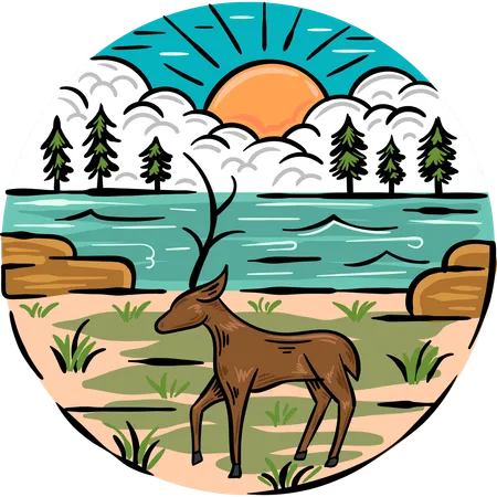 Cerf debout au bord du lac  Illustration