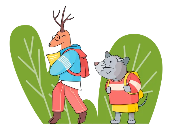 Le cerf et la souris avec des sacs à dos vont à l'école  Illustration
