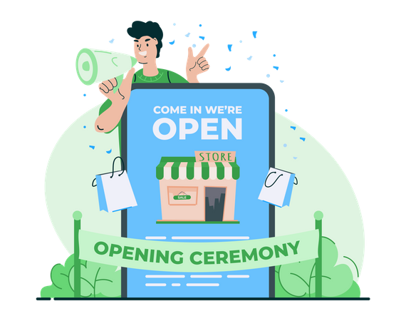 Cerimônia de inauguração da loja online  Ilustração