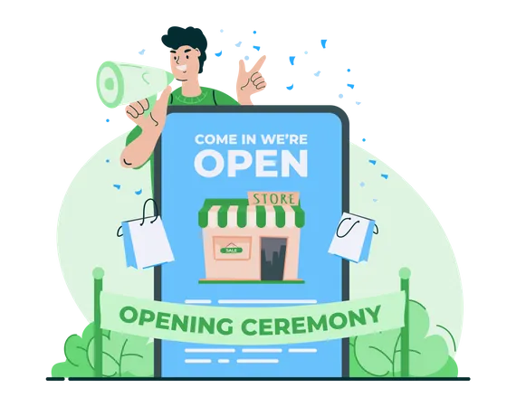 Cerimônia de inauguração da loja online  Ilustração