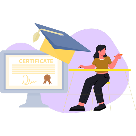 Mujer haciendo certificado en línea  Ilustración