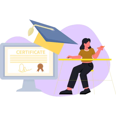 Une femme fait un certificat en ligne  Illustration