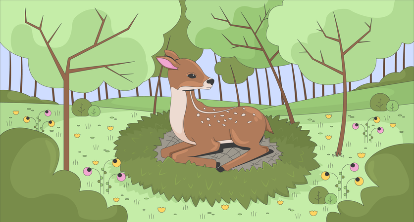 Cervatillo en la hierba del bosque primaveral  Ilustración