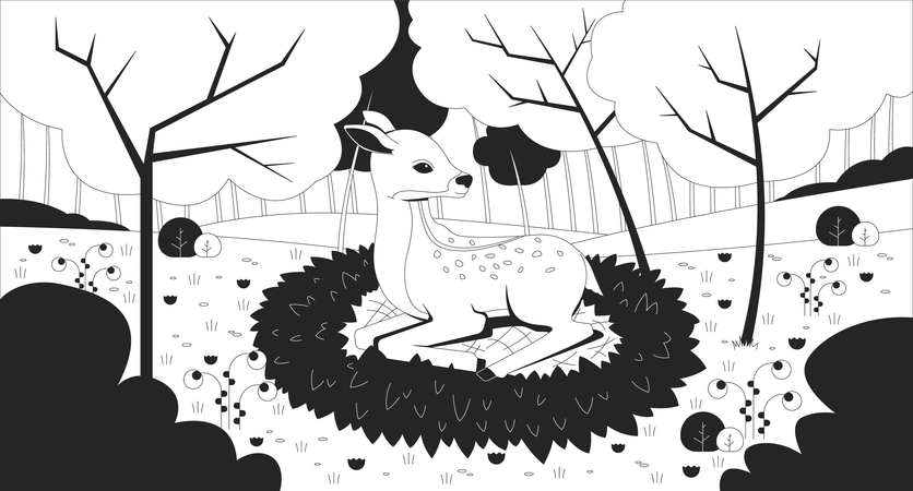 Cervatillo en la hierba del bosque primaveral  Ilustración
