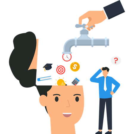 Cerveau avec des idées coulant d'un robinet Homme pensant avec un point d'interrogation  Illustration