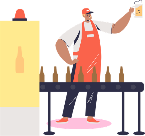 Cervecero sosteniendo un vaso de cerveza fresca  Ilustración