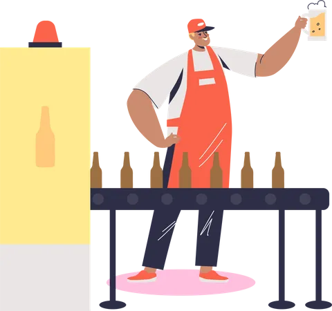 Proceso De Embotellado De Cerveza En Una Fabrica De Cerveza O En Una Cerveceria Cervecero De Personaje Masculino De Dibujos Animados Sosteniendo Un Vaso De Cerveza Fresca Ilustracion De Vector Plano Ilustración