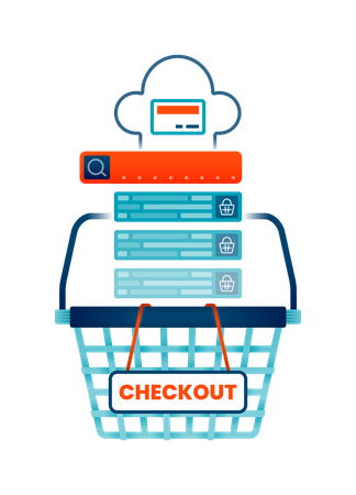 Cesta de loja online com etiqueta de checkout  Ilustração