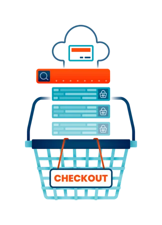 Cesta de loja online com etiqueta de checkout  Ilustração