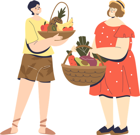Casal segurando cestas de frutas e legumes orgânicos  Ilustração