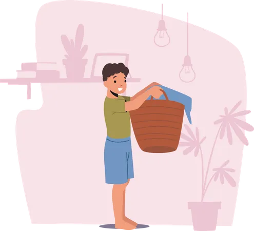 Garotinho segurando uma cesta com roupa de cama pronta para lavar na lavanderia  Ilustração