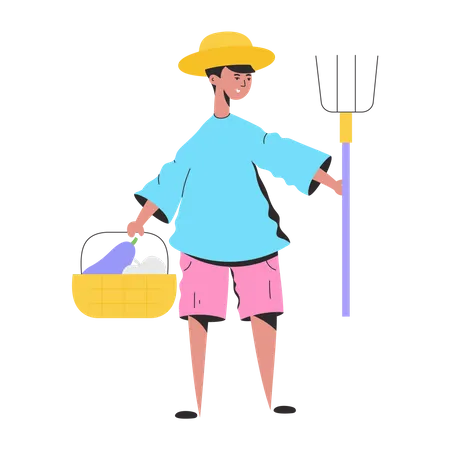 Agricultor masculino segurando cesta e rack  Ilustração