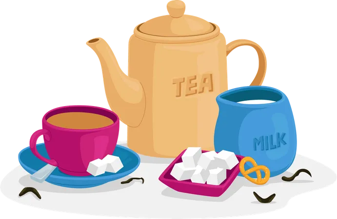 Chá quente com leite e cubos de açúcar  Ilustração