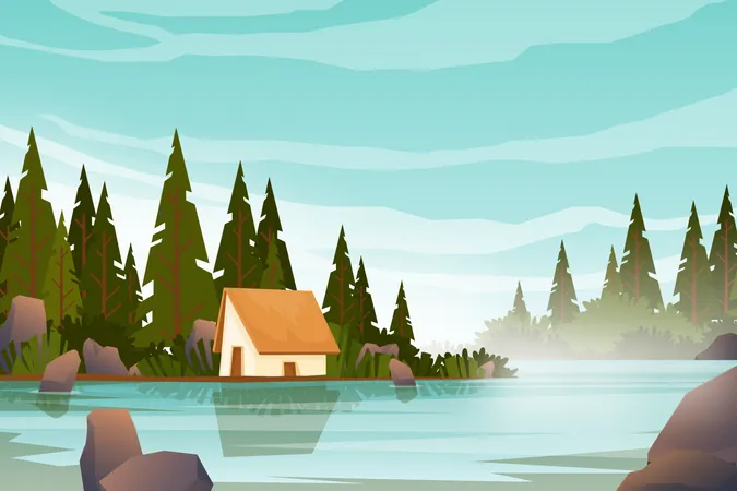 Casa de campo perto de grande lago em área florestal  Ilustração