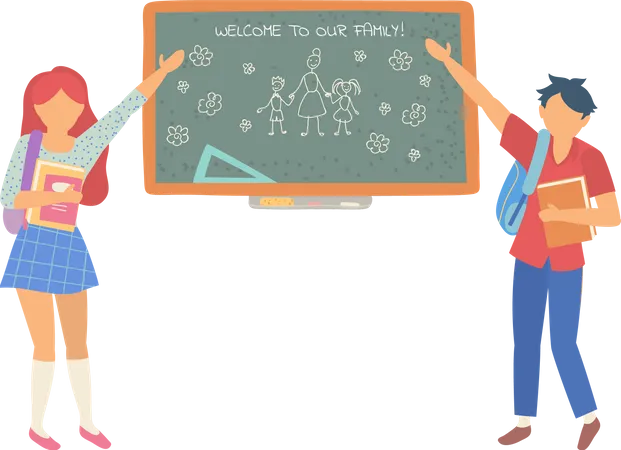 Welcome To Our Family Male And Female Students Standing Near Blackboard With Chalk Drawing Isolated On White Back To School Banner Vector Illustration Illustration