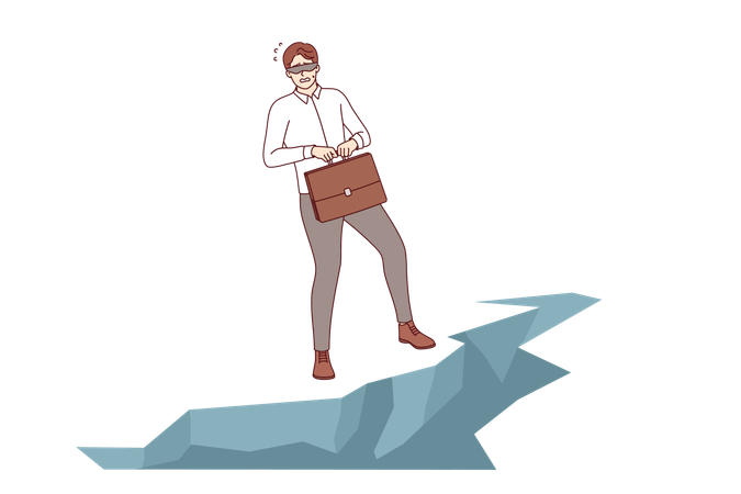 Challenge for business man standing at edge of abyss blindfolded and in need of help of guide  Illustration