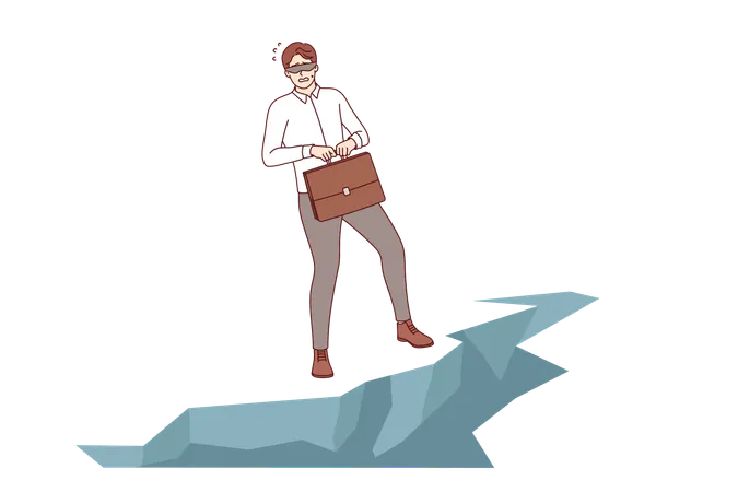 Challenge for business man standing at edge of abyss blindfolded and in need of help of guide  Illustration