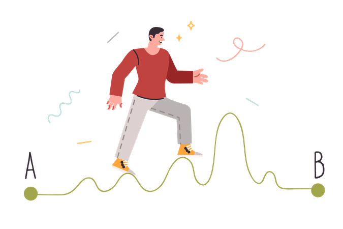 Challenge for man walking along difficult winding path and trying to achieve goal  Illustration