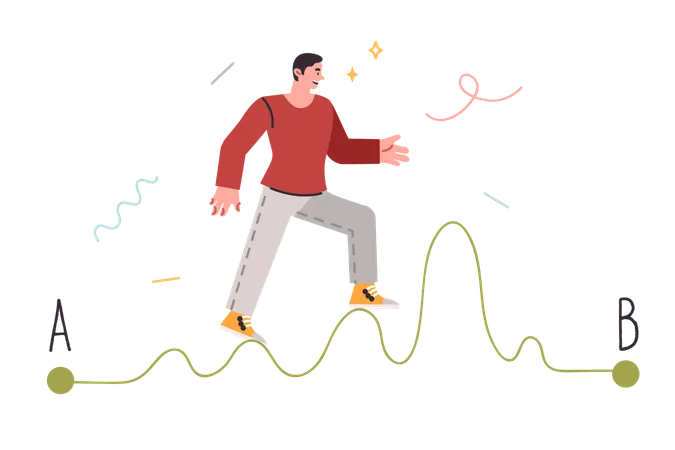 Challenge for man walking along difficult winding path and trying to achieve goal  Illustration