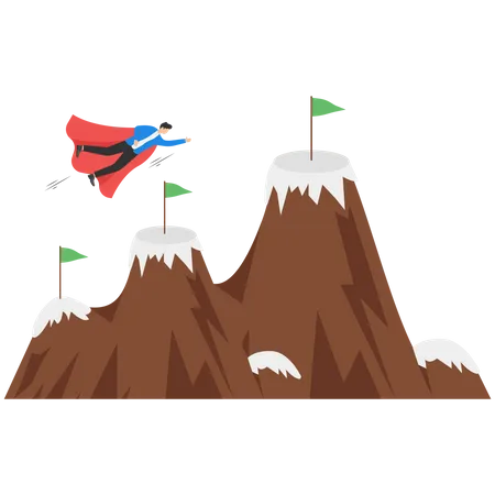 Challenges To Achieve A Success Milestone Goal Or Business Target Winning Mission Or Career Development Growth Or Progress Journey Aspiration Concept Businessman Superhero Fly To Mountain Summit Illustration