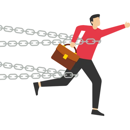 Limitations And Traps Or Challenges To Overcome Success Concept Man Tied With Red Ribbon Trying To Escape With Full Effort Business Difficulties Or Struggles With Career Barriers Illustration