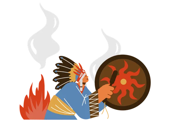 Un chamán tribal indio toca el tambor y baila cerca del fuego.  Ilustración