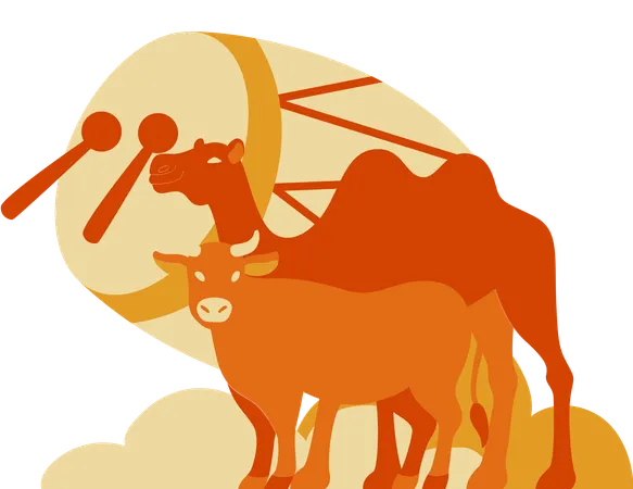Chameau et vache avec bedug  Illustration