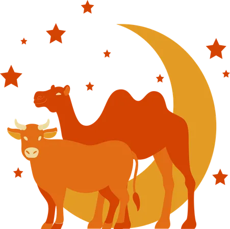 Chameau et vache avec lune  Illustration