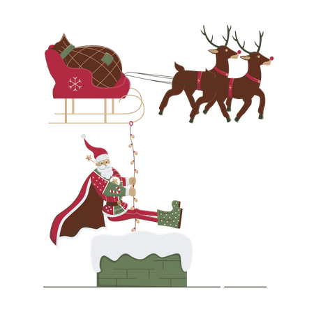 Papai Noel saindo pela chaminé de casa  Ilustração