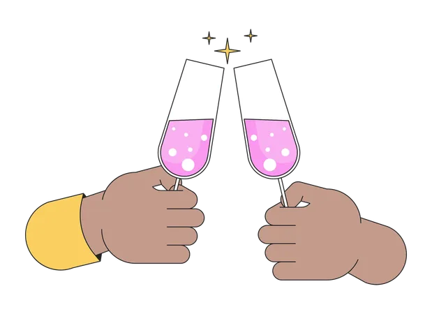 Champagne Glasses Clinking Linear Cartoon Character Hands Illustration Alcoholic Wineglasses Toasting Outline 2 D Vector Image White Background Sparkle Cheers Editable Flat Color Clipart Illustration