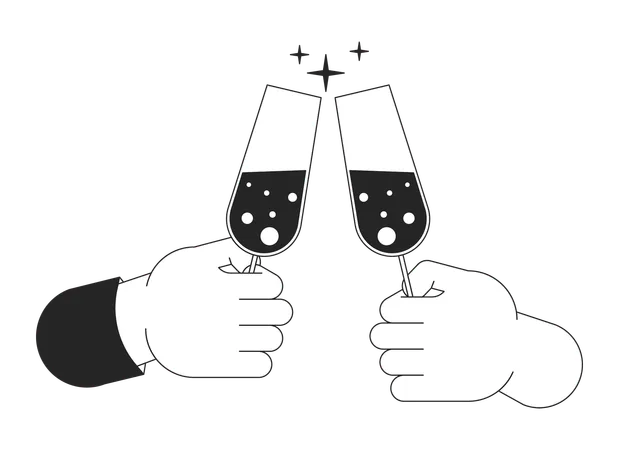 Champagne Glasses Clinking Cartoon Human Hands Outline Illustration Alcoholic Wineglasses Toasting 2 D Isolated Black And White Vector Image Sparkle Cheers Flat Monochromatic Drawing Clip Art Illustration