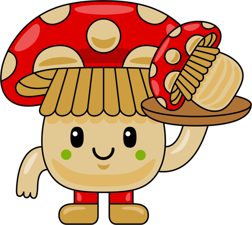 Mascotte de champignon tenant une assiette de champignons  Illustration