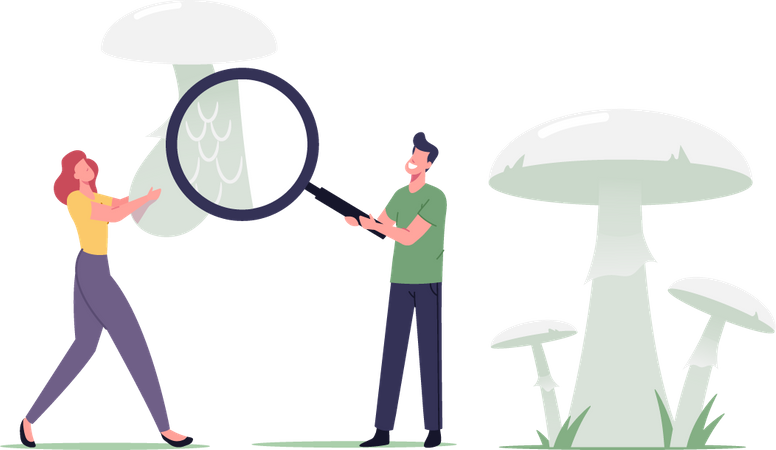 Champignon venimeux d’apprentissage masculin et féminin avec une énorme loupe  Illustration