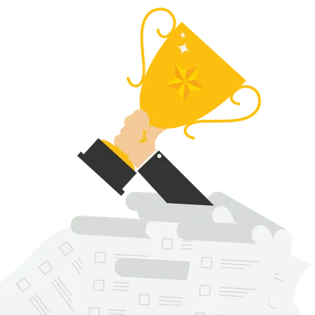 Champion businessman holding in hand prize achievement reward trophy  Illustration