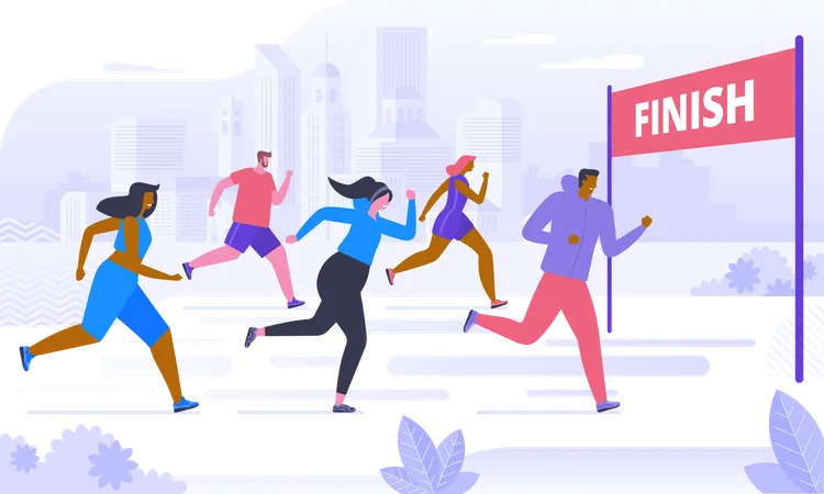 Marathon Competition Outdoor Workout Or Exercise Athletics Men And Women Dressed In Sportswear Jogging Or Running Through Park Healthy Active Lifestyle Flat Cartoon Colorful Vector Illustration Illustration